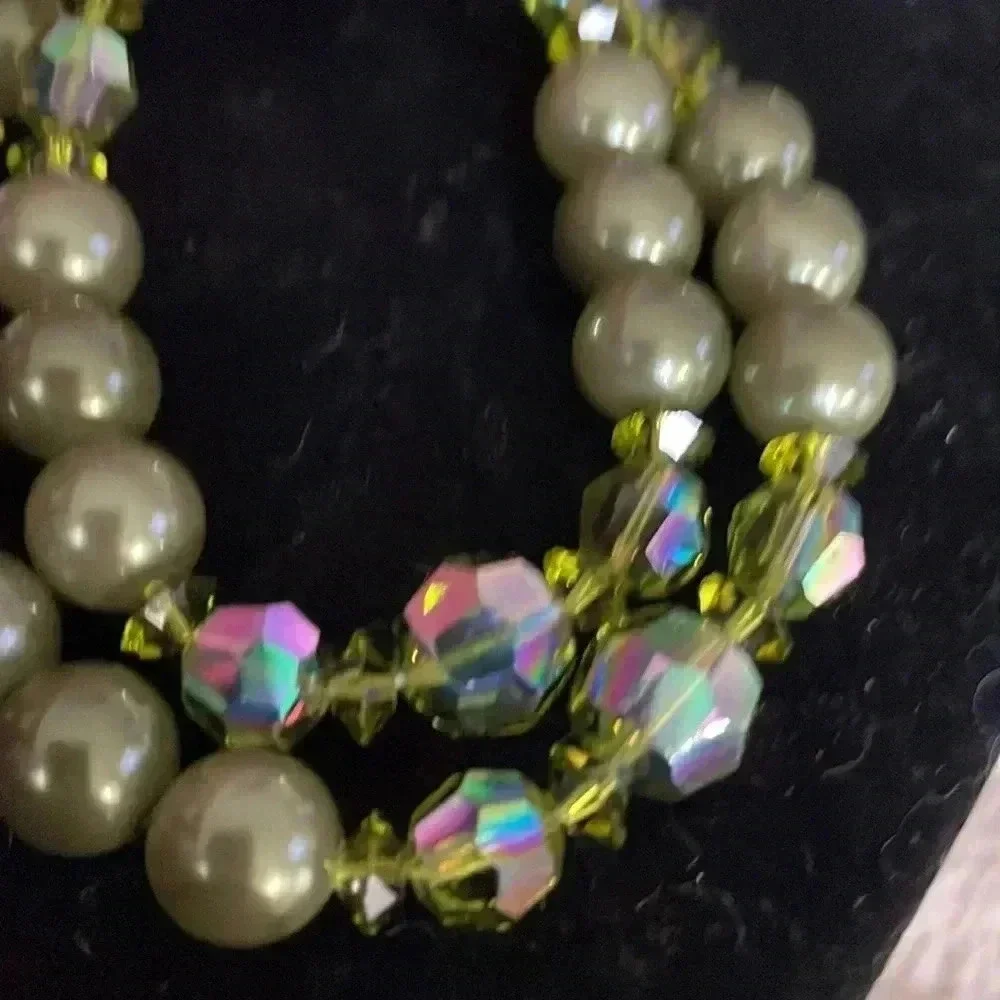 Vintage faux green pearl and Borealis necklace